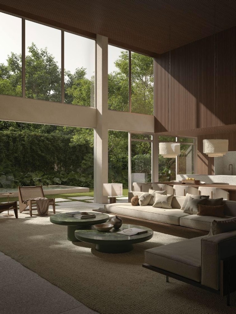 Garden La Mare Campeche — living integrado ao jardim e piscina privativa